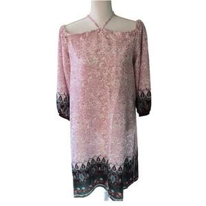 Loft Women's White & Pink Floral Print 3/4 Sleeve Off The Shoulder Dress Size M.